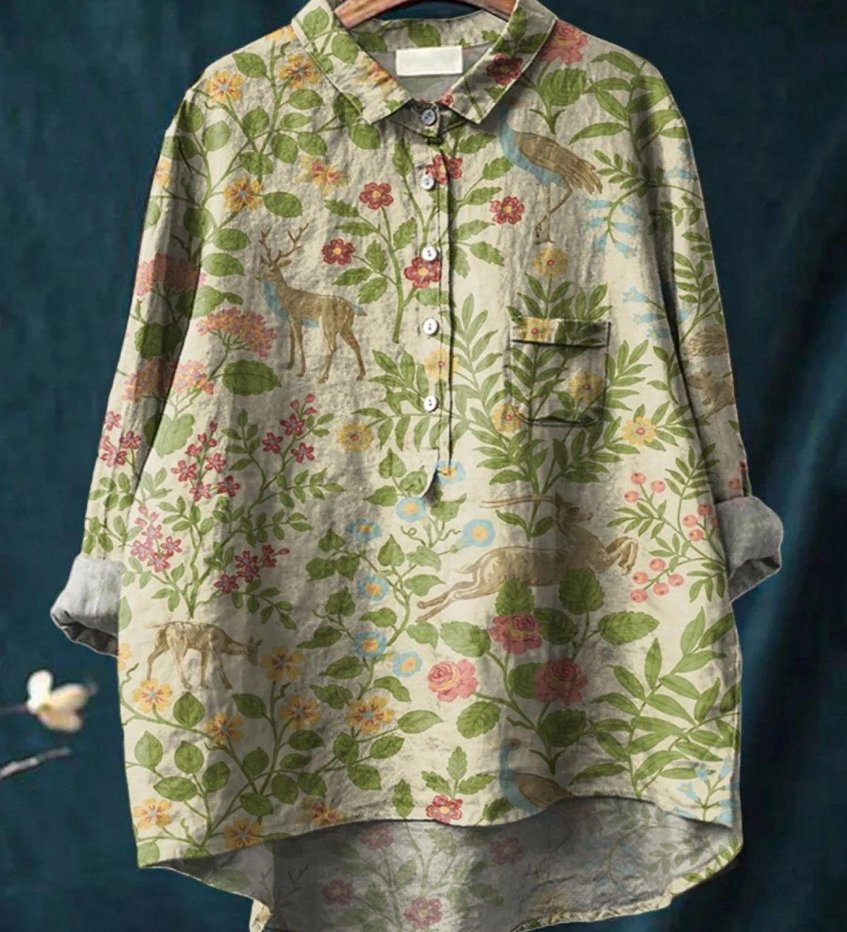 Georgina - Vintage Casual Košulja s Cvjetnim Uzorkom i Životinjama