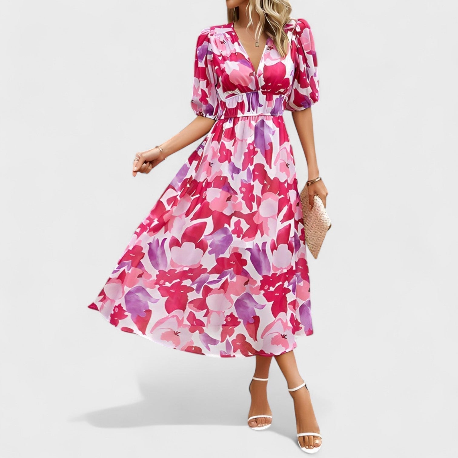 Clara - Elegantna Midi Haljina s Cvjetnim Uzorkom